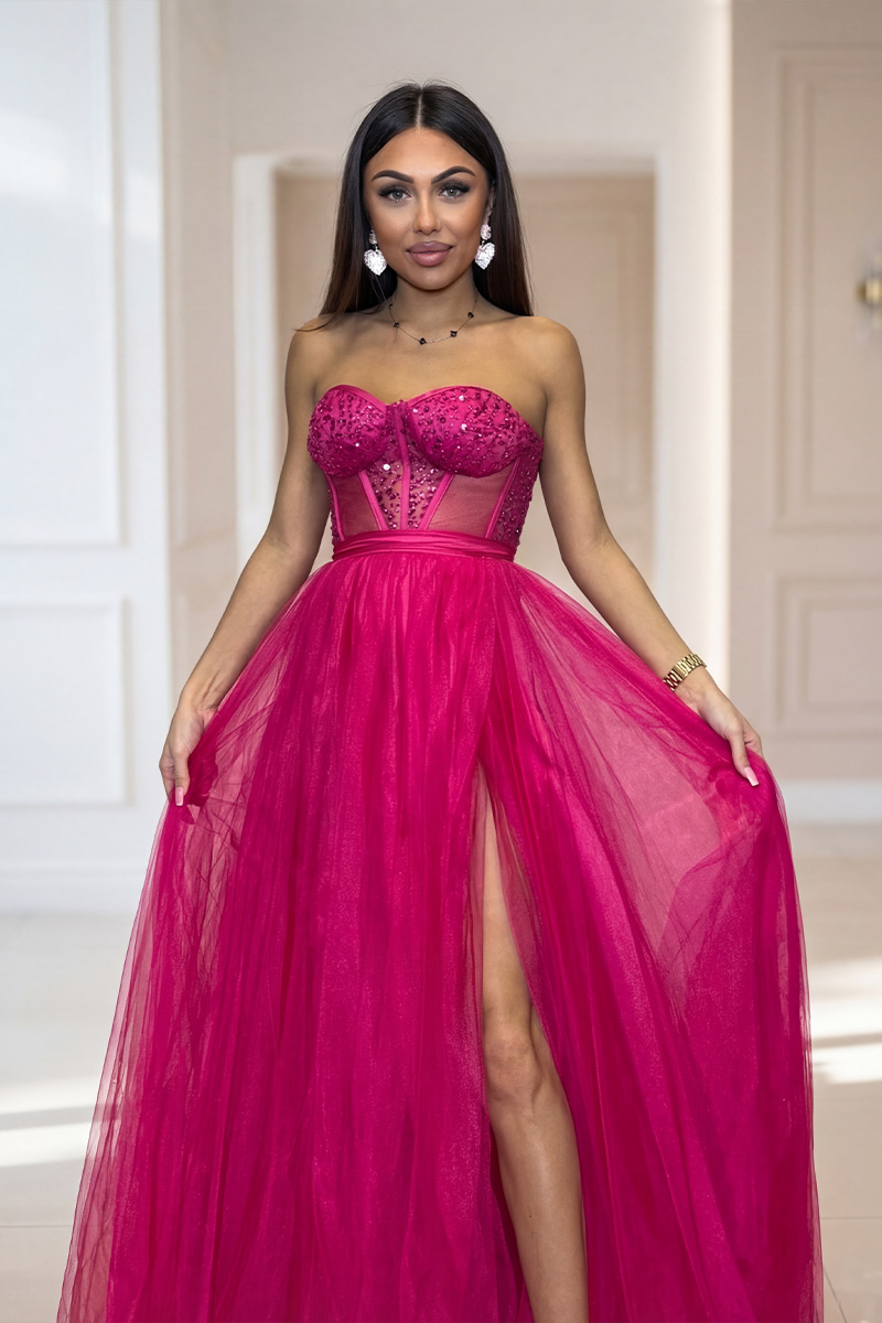 Pikk pidulik kleit Bella, fuksia Maksikleit Bella, fuksia, otsevaade